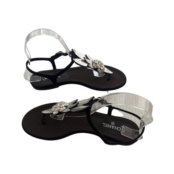 Chanel Limited Edition metallic thread flower pearl thong sandals size 38 - Picture 3 of 9